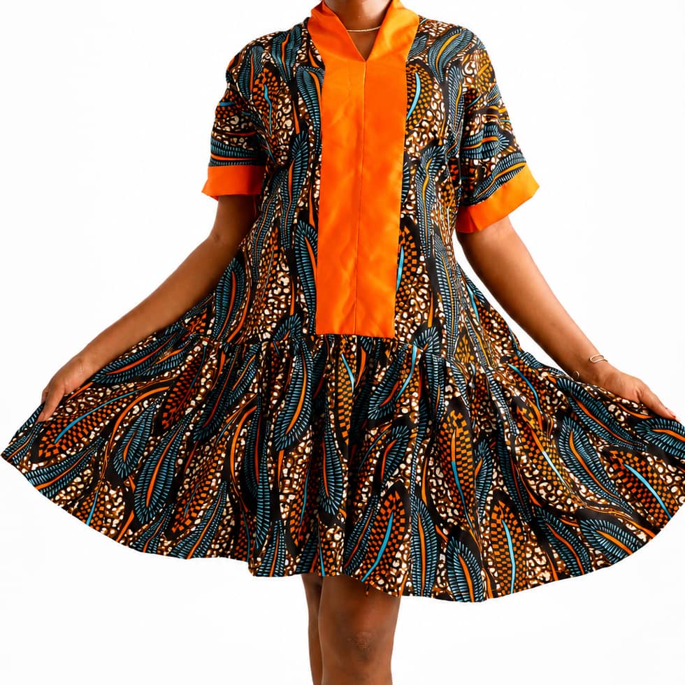 Vibrant Orange & Black Ankara Tiered Bubu Mini Dress – Women’s Ready-to-Wear Fashion - Image 2
